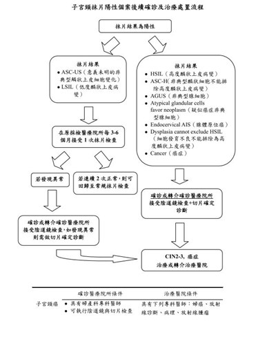 子宮頸抹片檢查陽性個案後續確診及治療處置流程